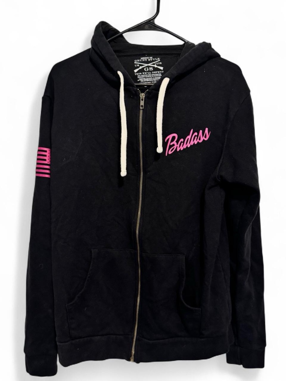Grunt Style Black Zip-Up Hoodie with Pink 'Badass' Script
